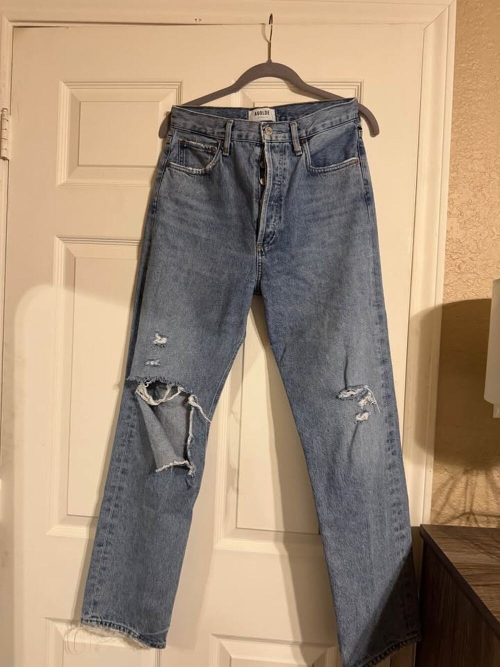AGOLDE 90s Pinch Waist High Rise Straight Leg Distressed Jeans Blue